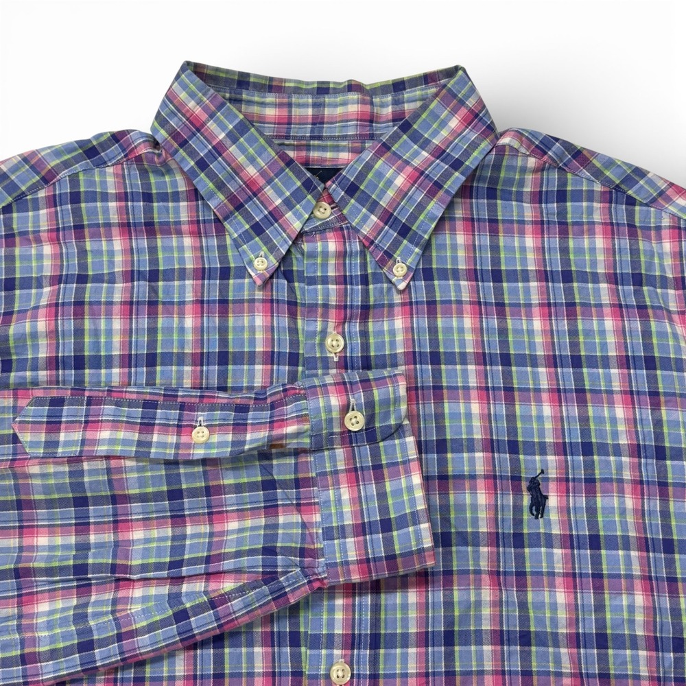 Ralph Lauren Button Down Shirt Plaid Blue Pink Green Mens Large Long Sleeve